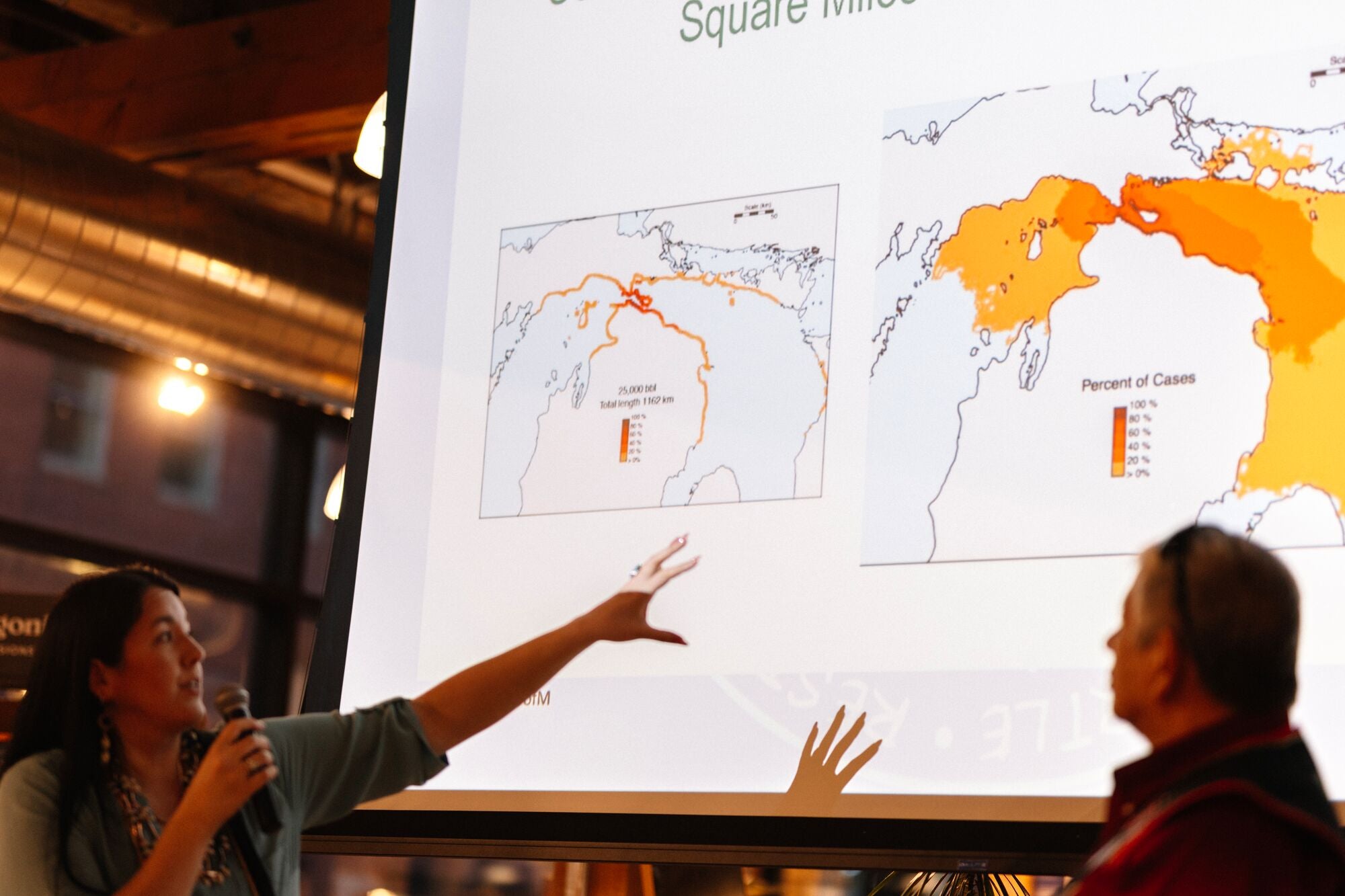 Two people are seated below and in front of a large, brightly lit projection of two side-by-side maps of the Great Lakes area. The person on the left is pointing up at the maps while speaking into a microphone.
