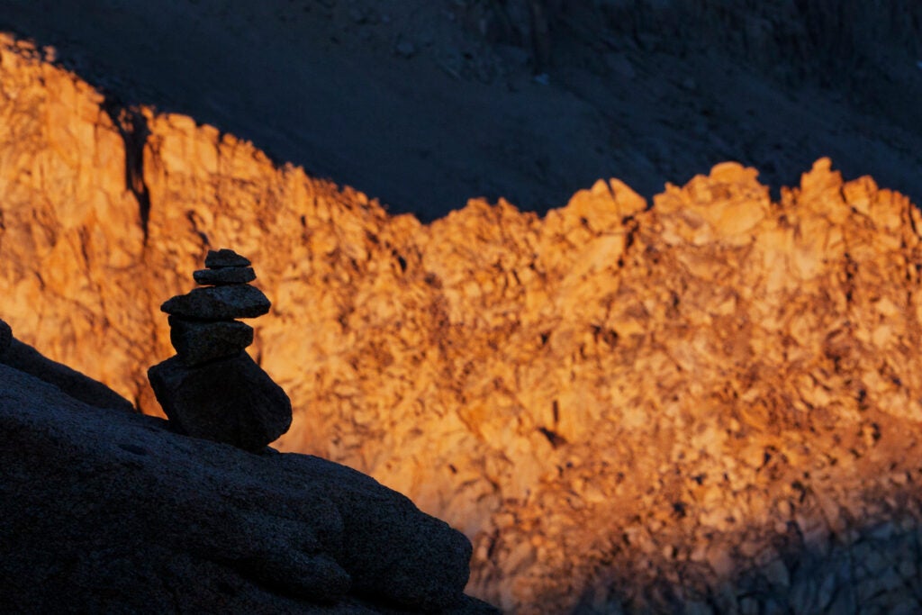 A cairn — man-made rock pile used to mark trails in the backcountry — designates the top of Sawtooth Pass in Mineral King, Sequoia National Park. (Chris Jordan-Bloch / Earthjustice)