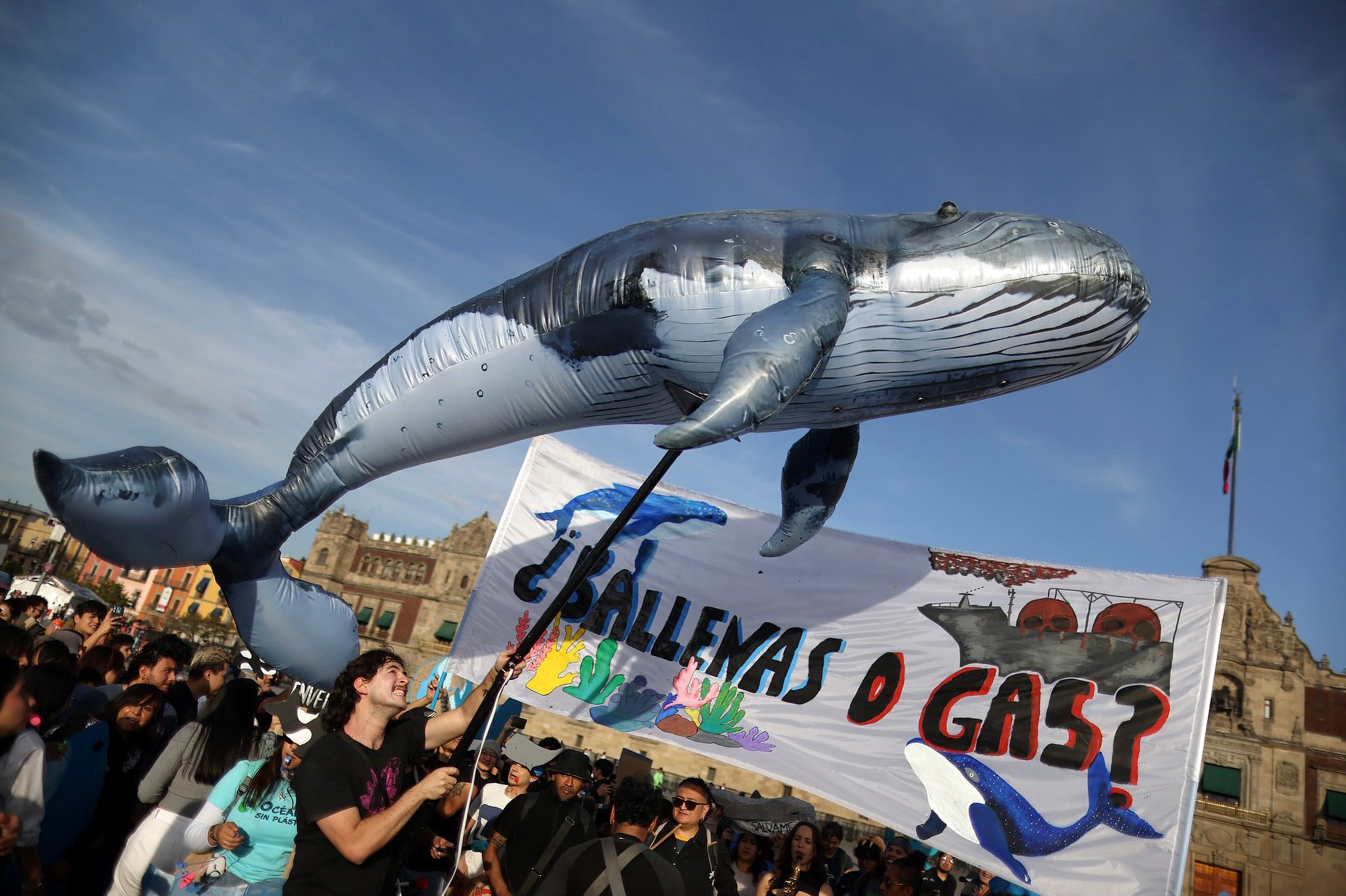 A man holds up a large inflatable whale while surrounded by a crowd. There is a large banner that reads "Ballenas o Gas?"