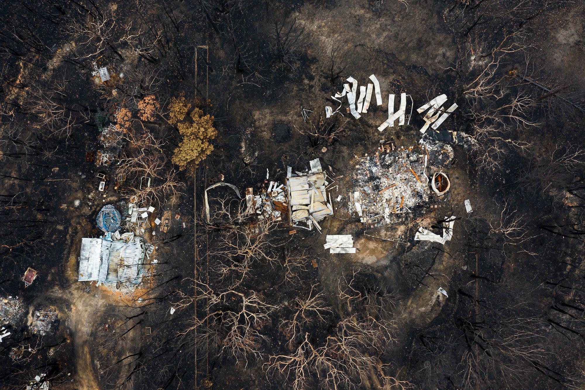 Aerial, top-down view of a blackened landscape. The white roofs of what appear to be collapsed structures contrast sharply with the blackened trees and soil.