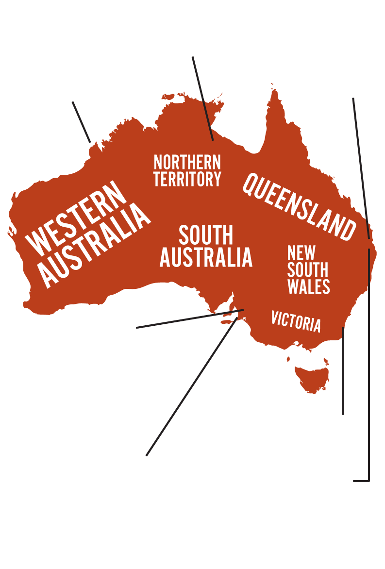 Map of Australia, colored in solid, dark red, with states and territories labeled in blocky, white, all-caps text. Pointer lines lead to areas on the map where the 10 Australians live. Anne Poelina in the Kimberley. Rikki Dank in Barkly Tablelands in Northern Territory. Barry Traill in Sunshine Coast Hinterland. Brendon Donohue in Brisbane. Sama Youhana in Brisbane. Jack Egan in NSW South Coast. Cat in South Australia. Mel Fisher in Adelaide, and Pam and Latisha Francis in Adelaide.