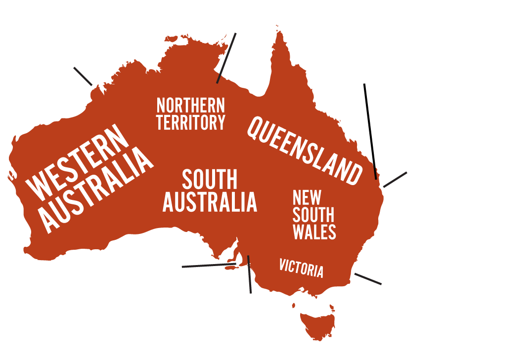 Map of Australia, colored in solid, dark red, with states and territories labeled in blocky, white, all-caps text. Pointer lines lead to areas on the map where the 10 Australians live. Anne Poelina in the Kimberley. Rikki Dank in Barkly Tablelands in Northern Territory. Barry Traill in Sunshine Coast Hinterland. Brendon Donohue in Brisbane. Sama Youhana in Brisbane. Jack Egan in NSW South Coast. Cat in South Australia. Mel Fisher in Adelaide, and Pam and Latisha Francis in Adelaide.