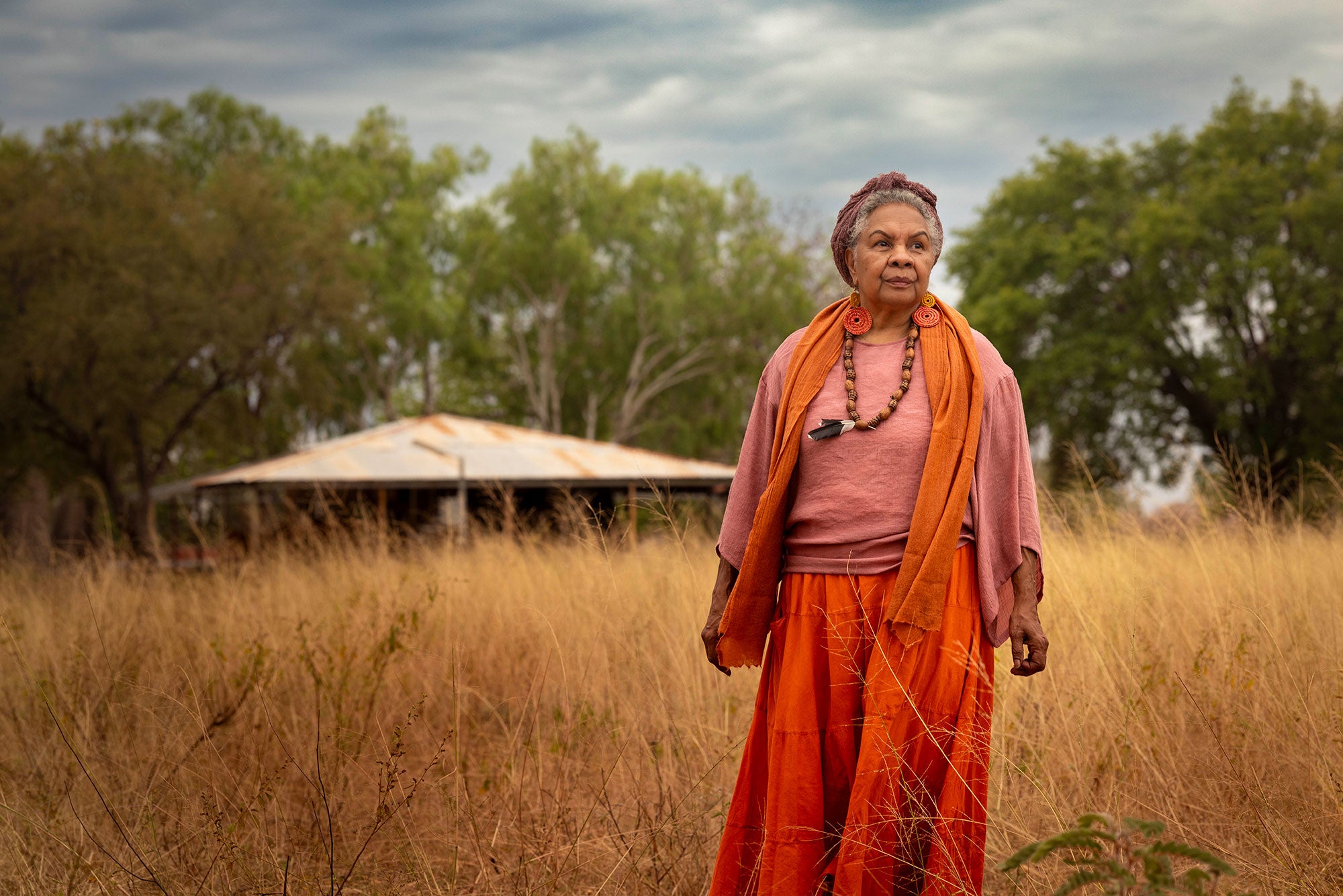 Anne stands facing with the viewer with a serious expression, in a field with tall, yellow grasses. A dwelling, framed by tall trees, is behind her. Anne is wearing a flowing pink and orange dress, large circular colorful earrings. Her hair is tidily tied up in a pink turban.