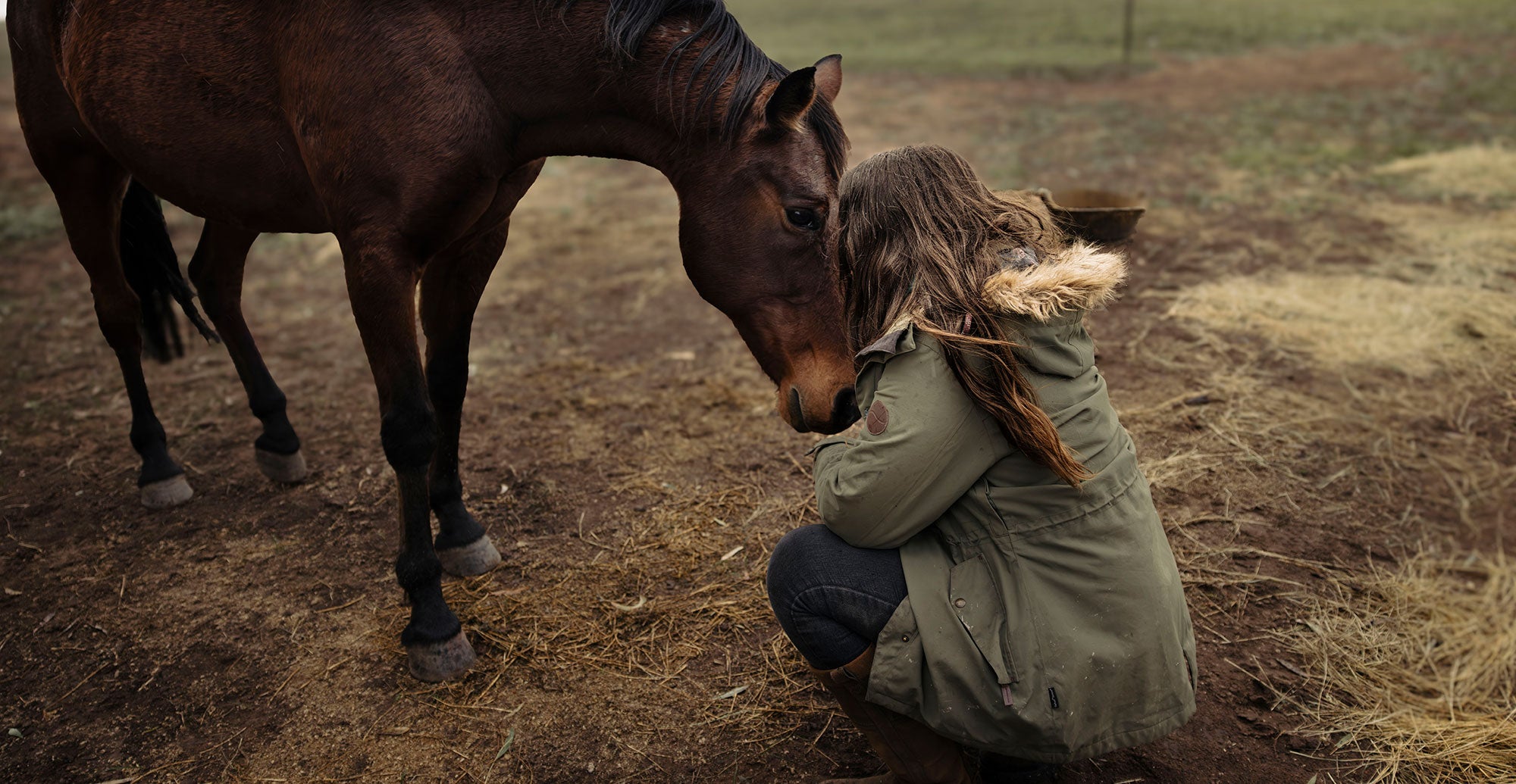 Cat is squatted down in front of a chestnut horse. Her back is to the viewer. Her forehead appears to be pressed against the horse's forehead. The horse has lowered his head towards Cat and is looking at her intently.
