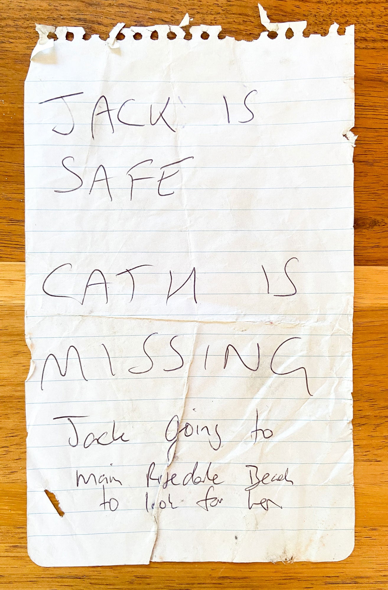 A photo of a hand-written note on a wooden table. The note reads in all caps: "Jack is safe. Cath is missing." Followed by the message: "Jack going to main Rosedale Beach to look for her." The note, written in black in, appears to have been hastily written.
