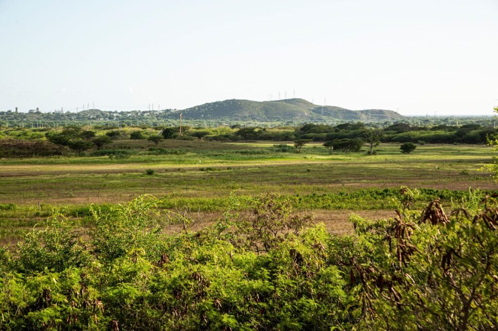 A wide open field. In the distance, transmission towers are visible along the tops of hills.