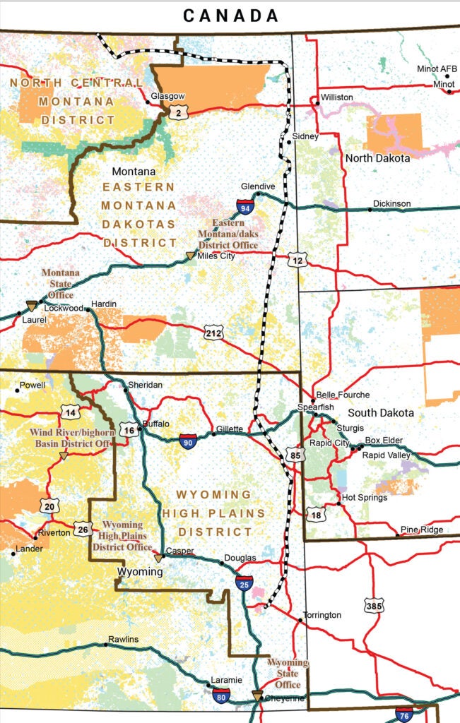A map of the Bridger Proposed Pipeline Expansion showing the pipeline's route from Canada and through eastern Montana and Wyoming. The various jurisdictions that the pipeline crosses through are represented with different colors.