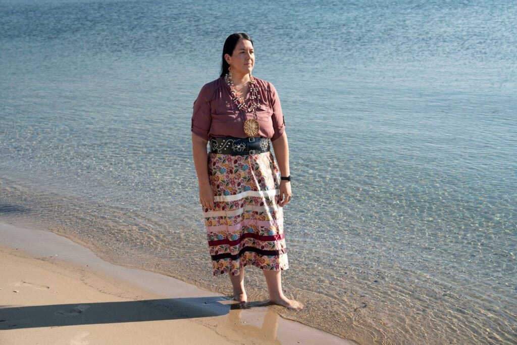 Whitney Gravelle, the President of the Bay Mills Indian Community, at the Pipe Out Paddle Up Family Picnic to shut down Line 5 in St. Ignace, Michigan, on Saturday, August 31, 2024. Photo by Sarah Rice for Earthjustice