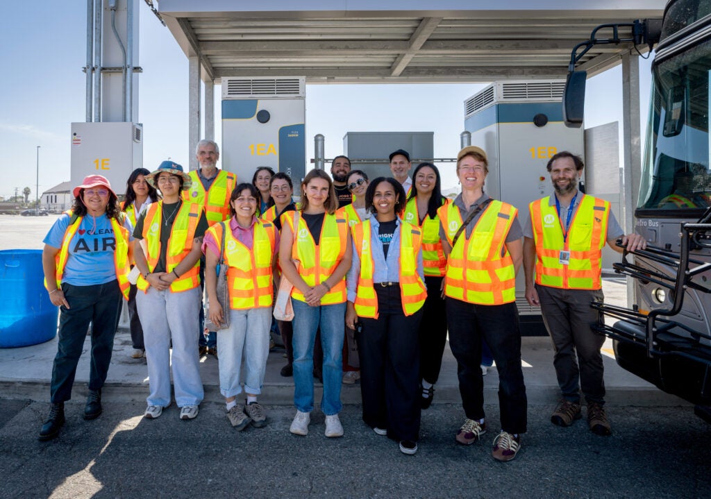 Members of the LA County Electric Bus and Truck Coalition during LA Metro’s tour and presentation about their bus electrification process at the El Monte Station in El Monte, California, on August. 21, 2026. (Hannah Benet for Earthjustice)