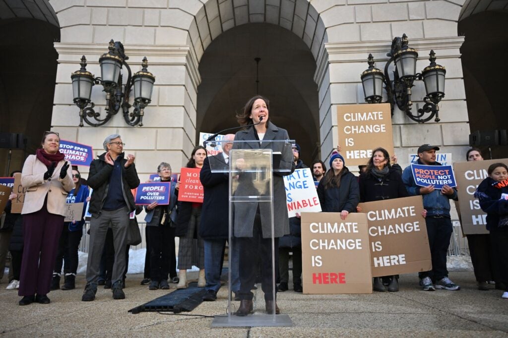 Jill Tauber, Earthjustice’s VP of Litigation for Climate & Energy, speaks outside the U.S. EPA, condemning the Trump administration’s repeal of the endangerment finding. (Matt Roth for Earthjustice)
