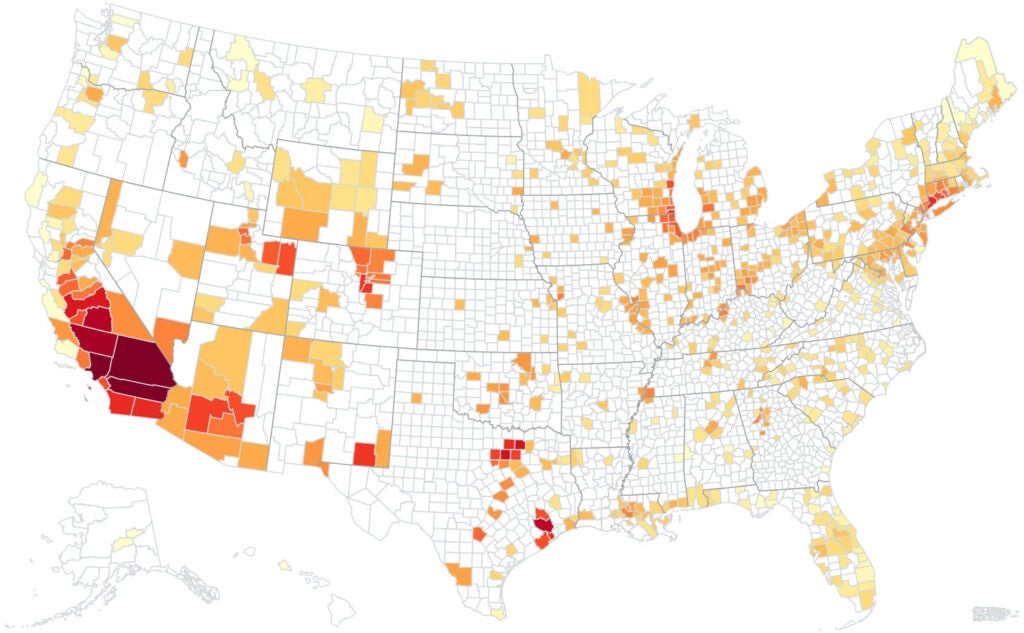 Smog air pollution by county. <a href="https://earthjustice.org/feature/soot-smog-air-map-united-states-county">See full map.</a> (Air Quality System Data / U.S. EPA)