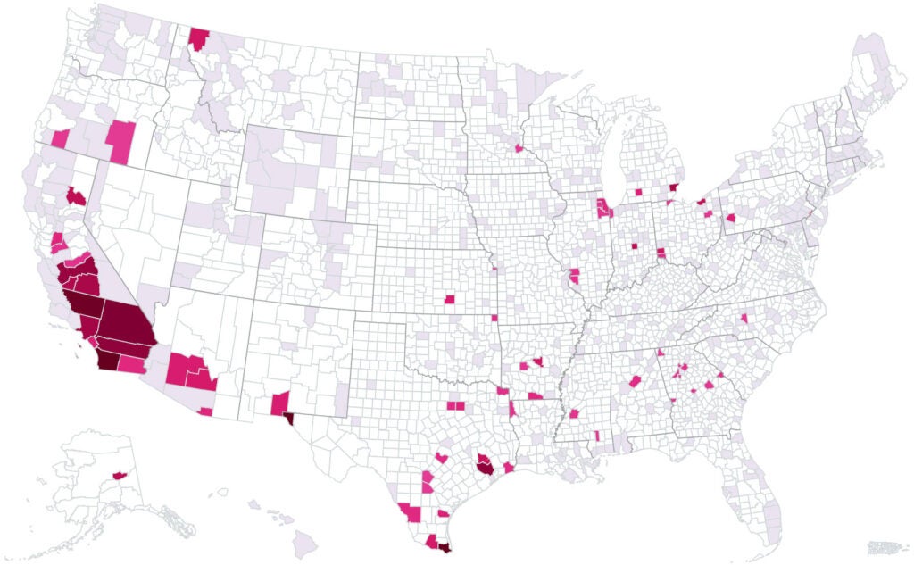 Soot air pollution by county. <a href="https://earthjustice.org/feature/soot-smog-air-map-united-states-county">See full map.</a> (Air Quality System Data / U.S. EPA)