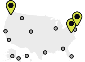 Map of Earthjustice’s office locations, with the Northwest, New York, and Washington, D.C., locations highlighted.
