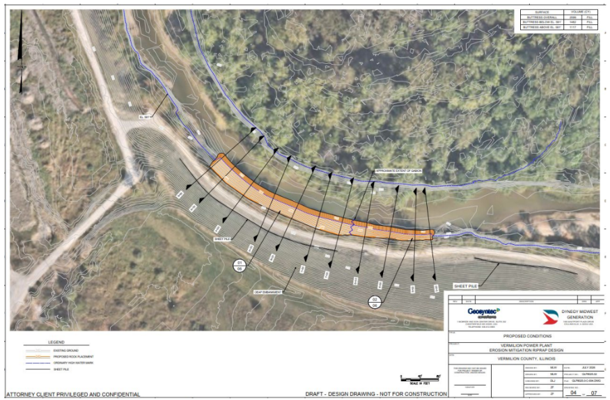 Drawing of the planned riverbank erosion mitigation project along the Middle Fork of the Vermilion River, from the project report submitted by Dynegy Midwest Generation.