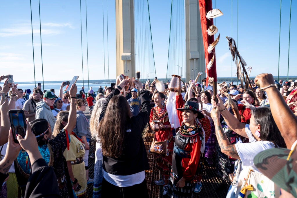 The Three Fires Confederacy Bridge Walk For Water in Mackinaw City, Michigan, on Monday, September 7, 2026. 

Photo by Sarah Rice for Earthjustice