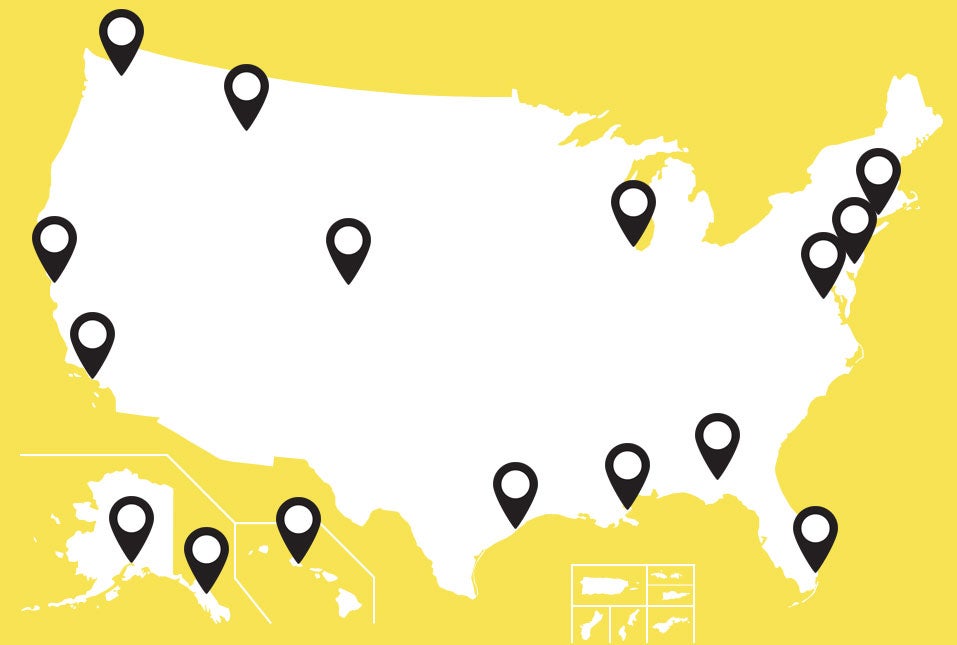 Map of Earthjustice's 16 office locations.