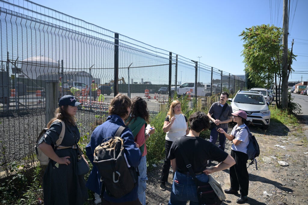 Greenpoint has been subjected to pollution extending back to the 19th century. Earthjustice attorneys, local politicians, and media tour Greenpoint, Brooklyn, NY, on Sept. 15, 2026.  (Carey Wagner for Earthjustice)