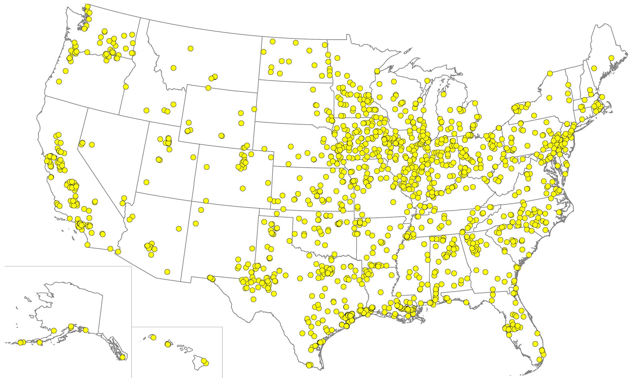 A map of the United States with yellow dots marking where chemical incidents occurred. Every state appears to have numerous yellow dots.