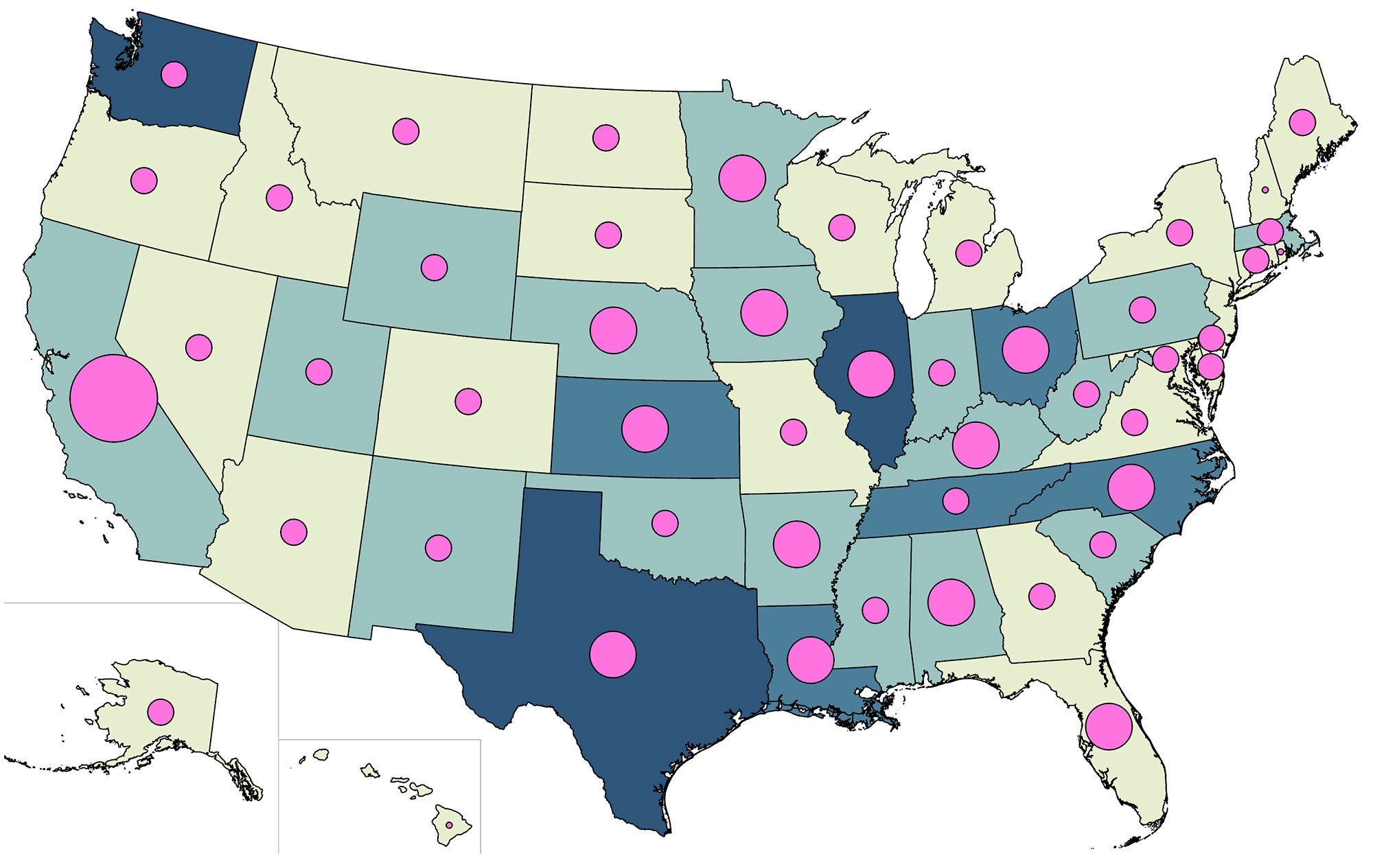 A map of the United States where the states are color-coded to show the number of deaths from chemical incidents, and each state is overlayed with a circle whose size corresponds to the number of injuries from chemical incidents. There appear to have been deaths in nearly half the states, and injuries in practically every state.