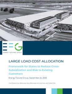 Cover of the report showing a black-and-white photograph of a sprawling data center facility at the top, followed by the Energy Futures Group's logo and the report title.