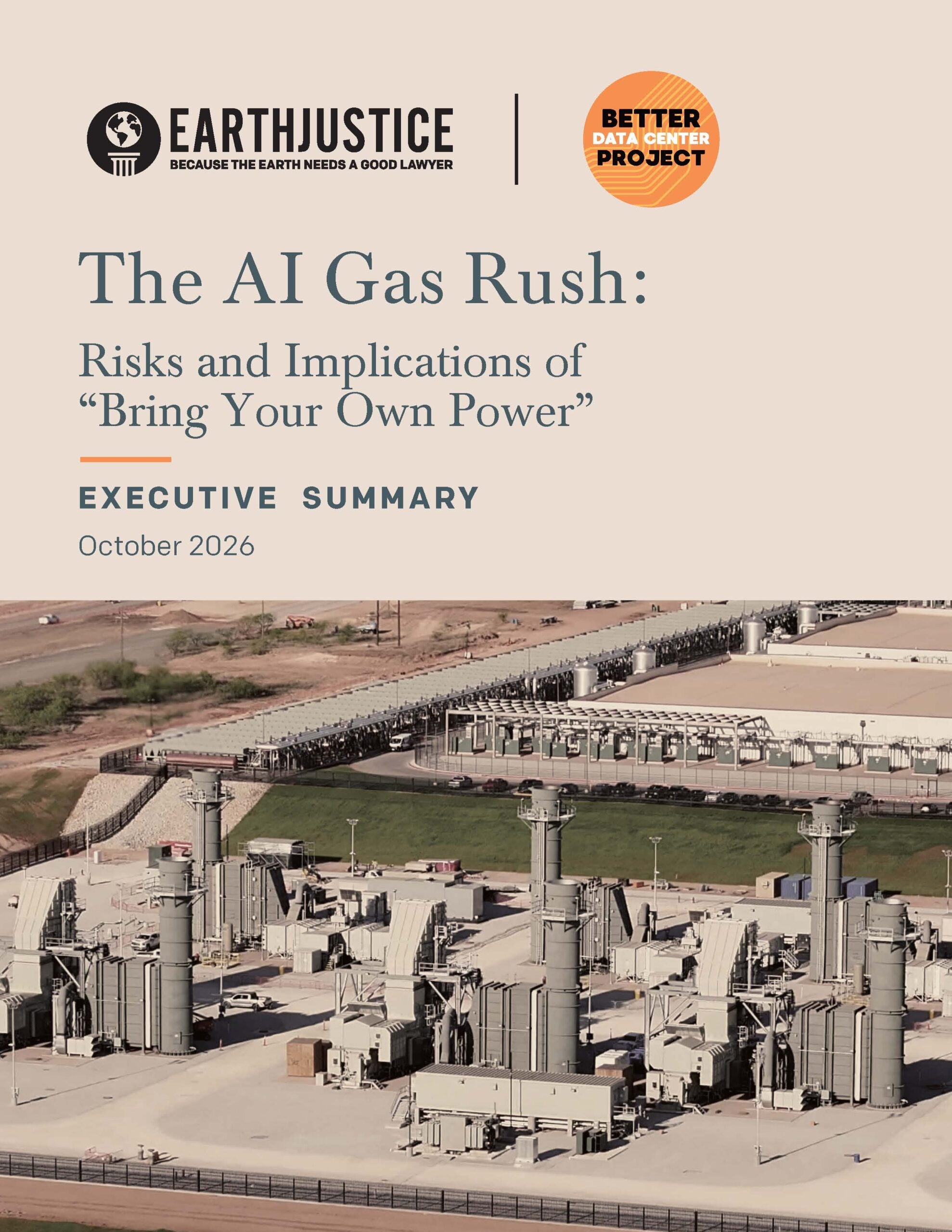 Cover image of the executive summary of the report, "The AI Gas Rush: Risks and Implications of "Bring Your Own Power"