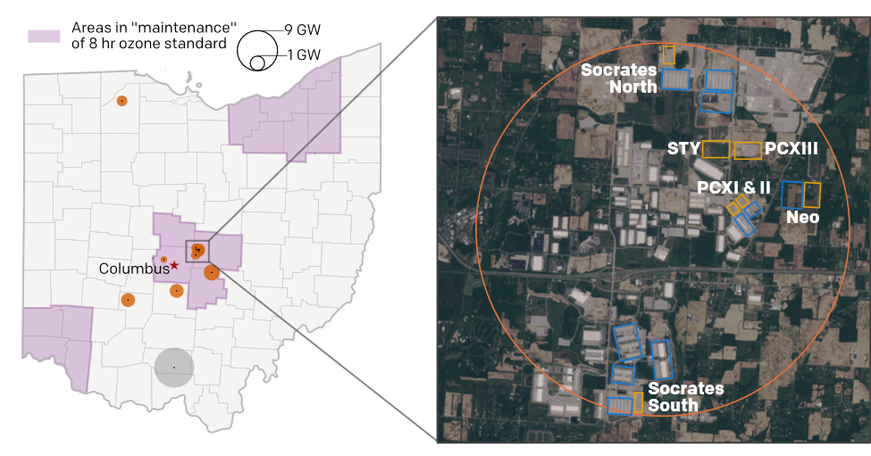 Map of Ohio’s BYOP gas plants and satellite imagery of seven Meta and PowerConneX projects in New Albany, Ohio: 2.7 GW of BTM gas concentrated in a 2.5-mile radius.