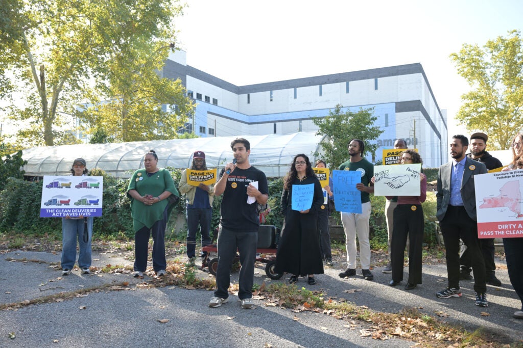 Labor union and environmental justice advocates, alongside city and state lawmakers, urge for the passage of protections for both workers and neighbors of last-mile mega-warehouses. Red Hook, Brooklyn, NY on October 13, 2026.

[Photo Credit: Carey Wagner for Earthjustice]