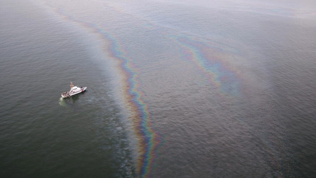 A boat monitors the oil sheen from the Taylor Energy leak.
(Healthy Gulf)