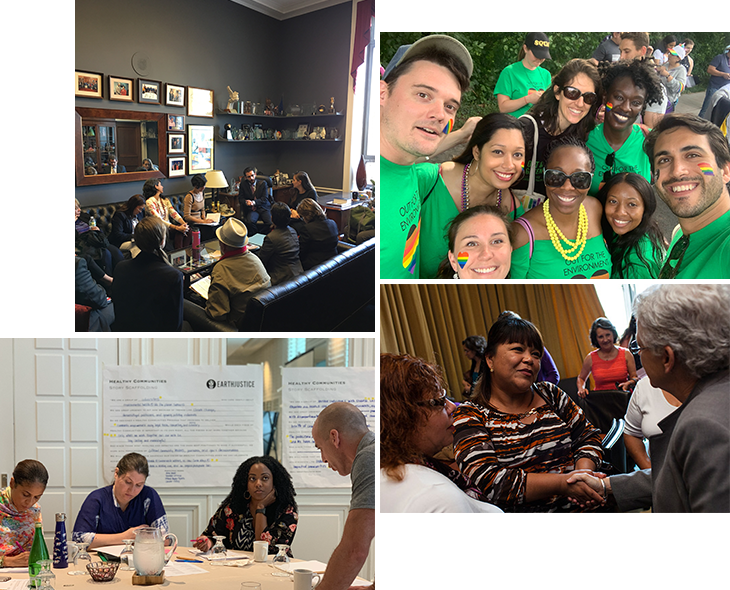 A collage of photos of Earthjustice staff living the organization's values.