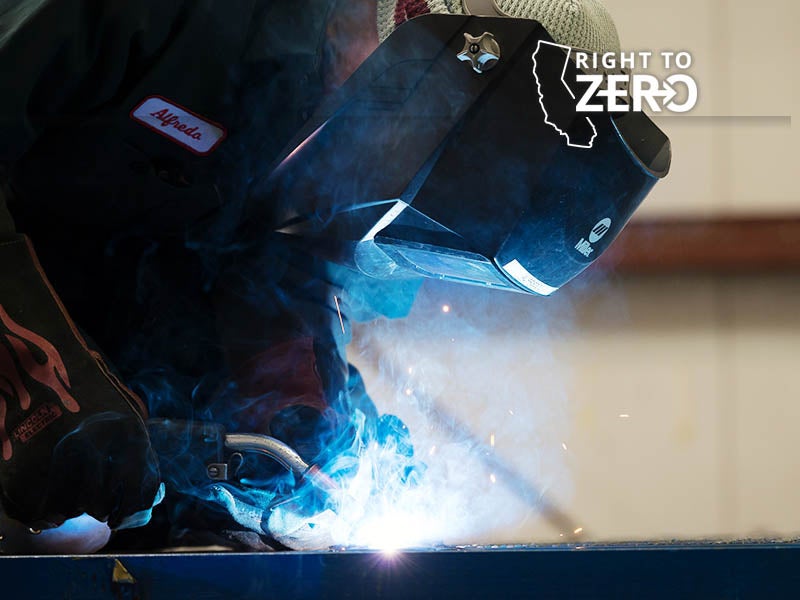 This welder is one of hundreds of full-time workers employed by electric bus manufacturer BYD at the company&#039;s factory in California.