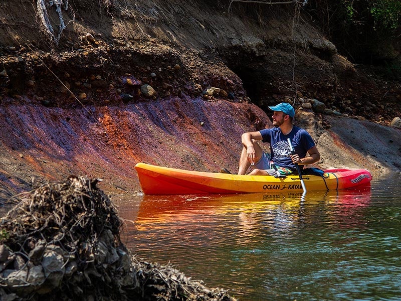 Andrew Rehn looks at toxic coal ash waste seepage on the shore of the Middle Fork of the Vermilion River.