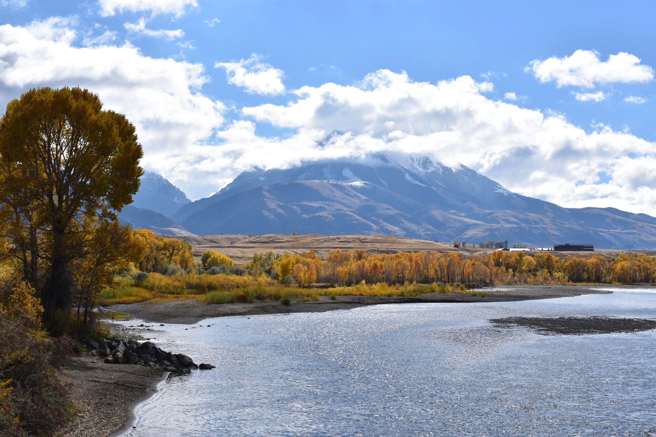 Emigrant Peak rises above the Paradise Valley and the Yellowstone River.