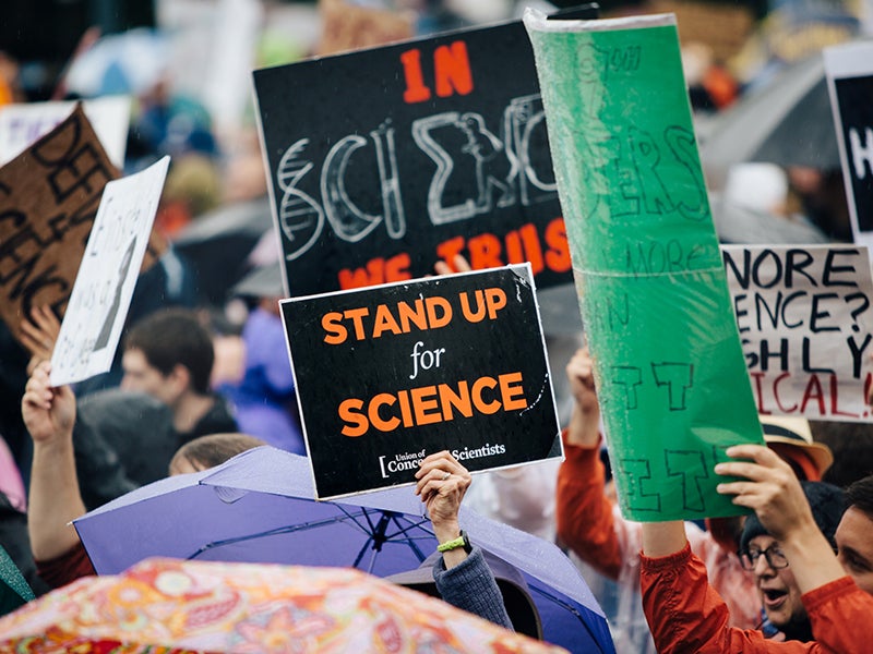 Participants in the 2017 March for Science in Washington, DC., protested the Trump administration's anti-science attacks.