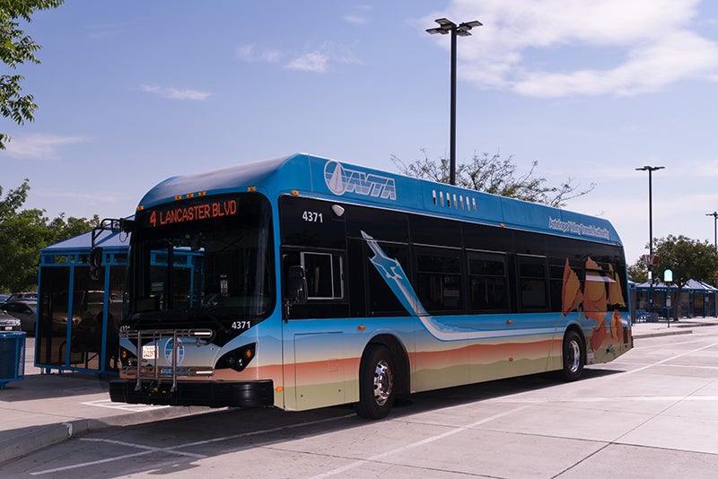 The first zero-emissions electric bus built in Lancaster, Antelope Valley, California, on July 13, 2017, near a BYD factory where thousands of workers build such buses.