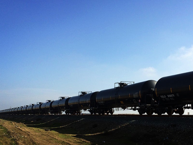 An oil train in California&#039;s Central Valley. Much of the oil shipped by these trains is either extremely toxic and heavy Canadian tar sands oil or the Bakken crude responsible for major explosions and fires in derailments across the continent.