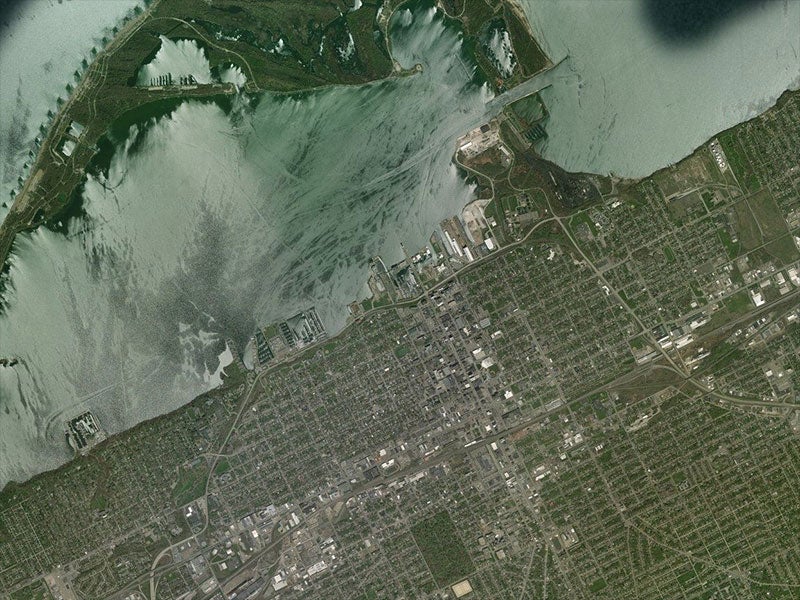 Aerial satellite map view of Bayfront Parkway, a major road that runs through Erie, Penn.’s waterfront.
((c) 2021 Maxar / Microsoft Bing Maps)