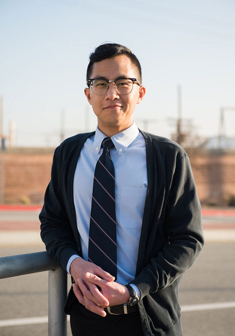 Byron Chan, senior attorney with Earthjustice's Community Partnerships Program, stands near the Grayson power plant in Glendale, Calif.