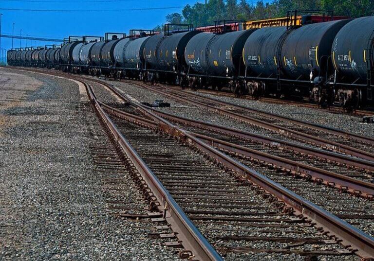 A train carrying oil travels through California.