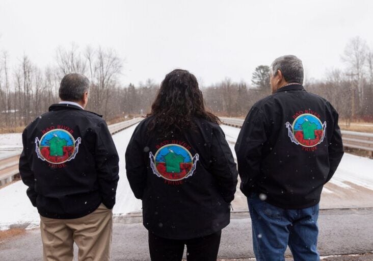 Bad River Band of Lake Superior Chippewa Tribal Vice Chairman Patrick Bigboy, Senior Member Liz Arbuckle, and Tribal Chairman Robert Blanchard, left to right. Photos from Ashland, Wisconsin and the Bad River Reservation on March 22, 2024. (Jaida Grey Eagle for Earthjustice)