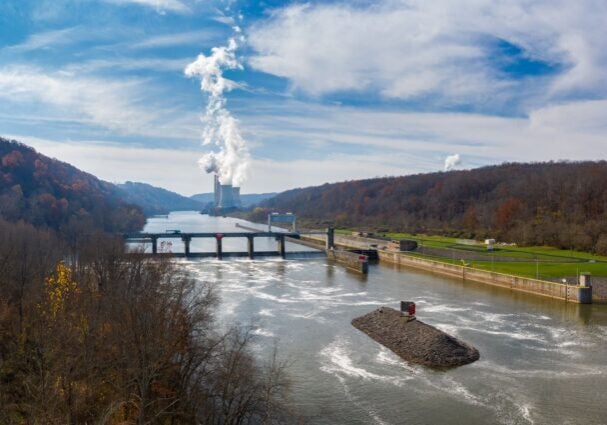 Aerial drone view of the Fort Martin coal-fired power station near Morgantown in West Virginia in the late autumn. (Getty Images)