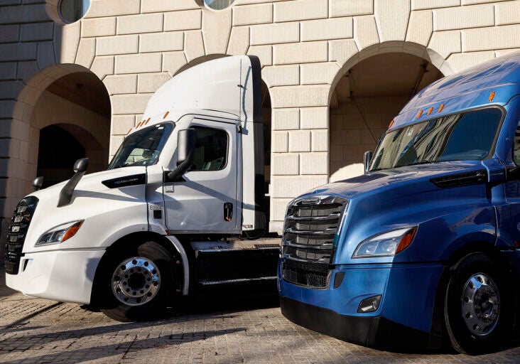 Clean and electric trucks sit on display at an event on new national clean air standards for heavy-duty trucks near the U.S. Environmental Protection Agency Headquarters on December 20, 2022 in Washington, DC.