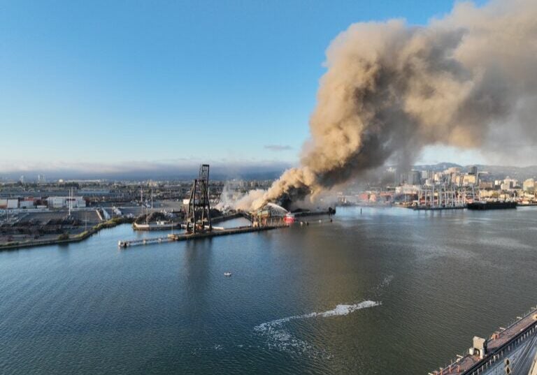 A drone operated by an investigator for the nonprofit San Francisco Baykeeper captures a fire at the metal shredder now known as Radius Recycling, on August 9, 2023. (Credit: San Francisco Baykeeper)