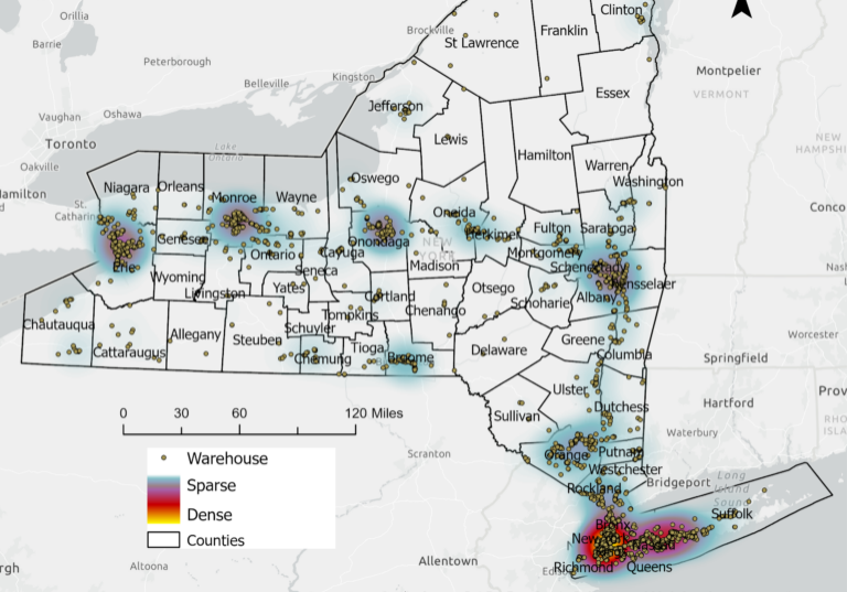 New York’s warehouses are concentrated around urban areas, transit corridors and port regions but are also located in suburban and rural areas. (2025 Warehouse Boom / Environmental Defense Fund)