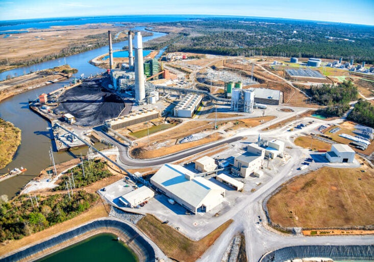 Aerial view of the Gulf Energy Center, formerly the Crist Power Plant, located near Pensacola, Florida.