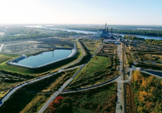 Aerial view of coal ash ponds next to the decommissioned Wood River Power Station in East Alton, Ill. in 2018. The power plant was demolished in early 2021.