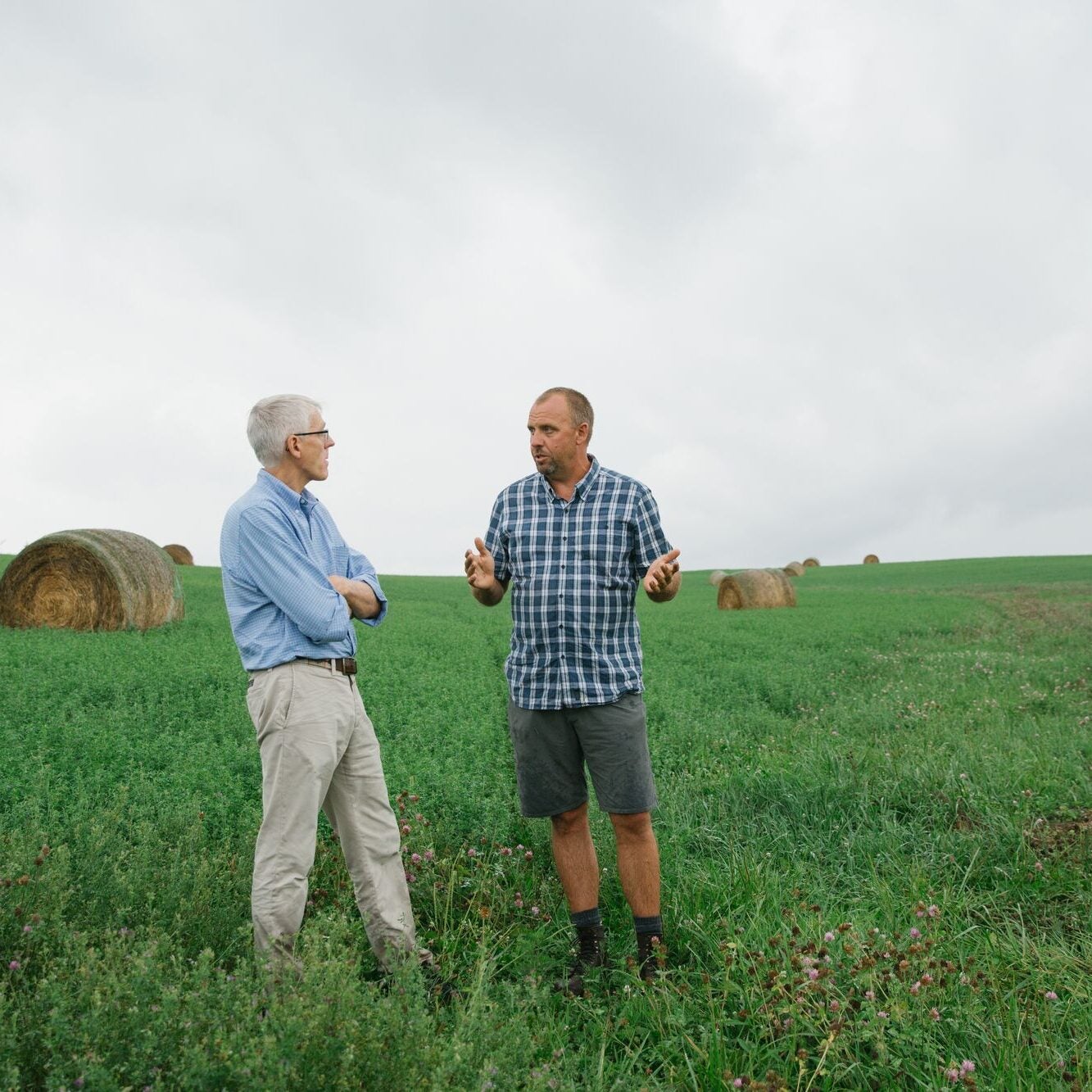 Peter Lehner, left, and Seth Watkins discuss farming practices on Watkins' farm near Clarinda in southwest Iowa.