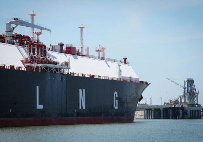 A large liquified natural gas transport ship sits docked in the Calcasieu River on Wednesday, June 7, 2023, near Cameron, Louisiana.