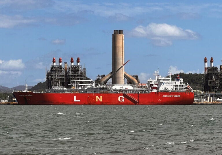 LNG transport ship at the New Fortress Energy facility in San Juan Harbor, Puerto Rico.