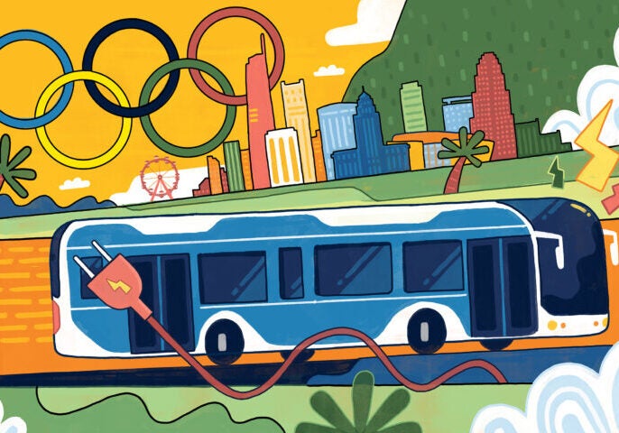 Electric bus illustration of a bus on a road with Los Angeles by Shaw Nielson