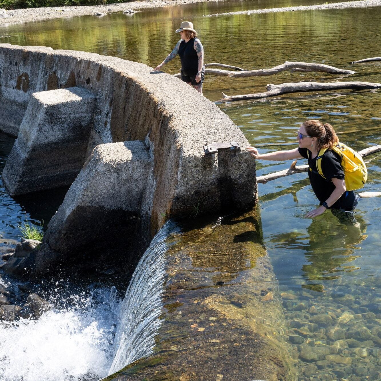 Earthjustice attorneys Janette Brimmer, left, and Molly Tack-Hooper at Pomeroy Dam, prior to its removal on the Illinois River near Cave Junction, Oregon, in August 2024. (Robin Loznak for Earthjustice)